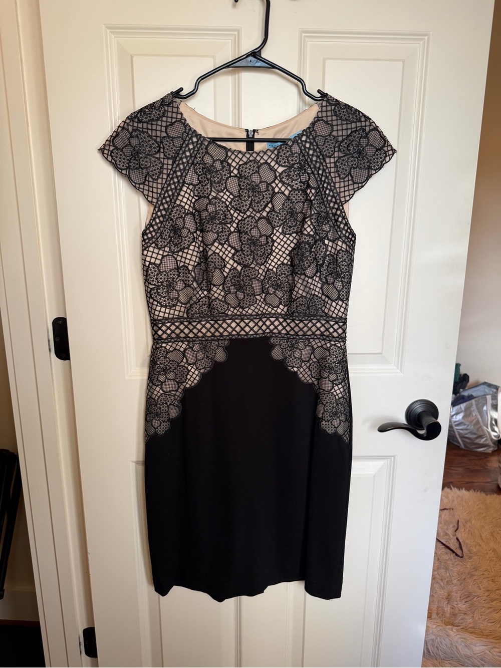 ANTONIO MELANI Black Lace-Overlay Midi Dress with Nude Underlay